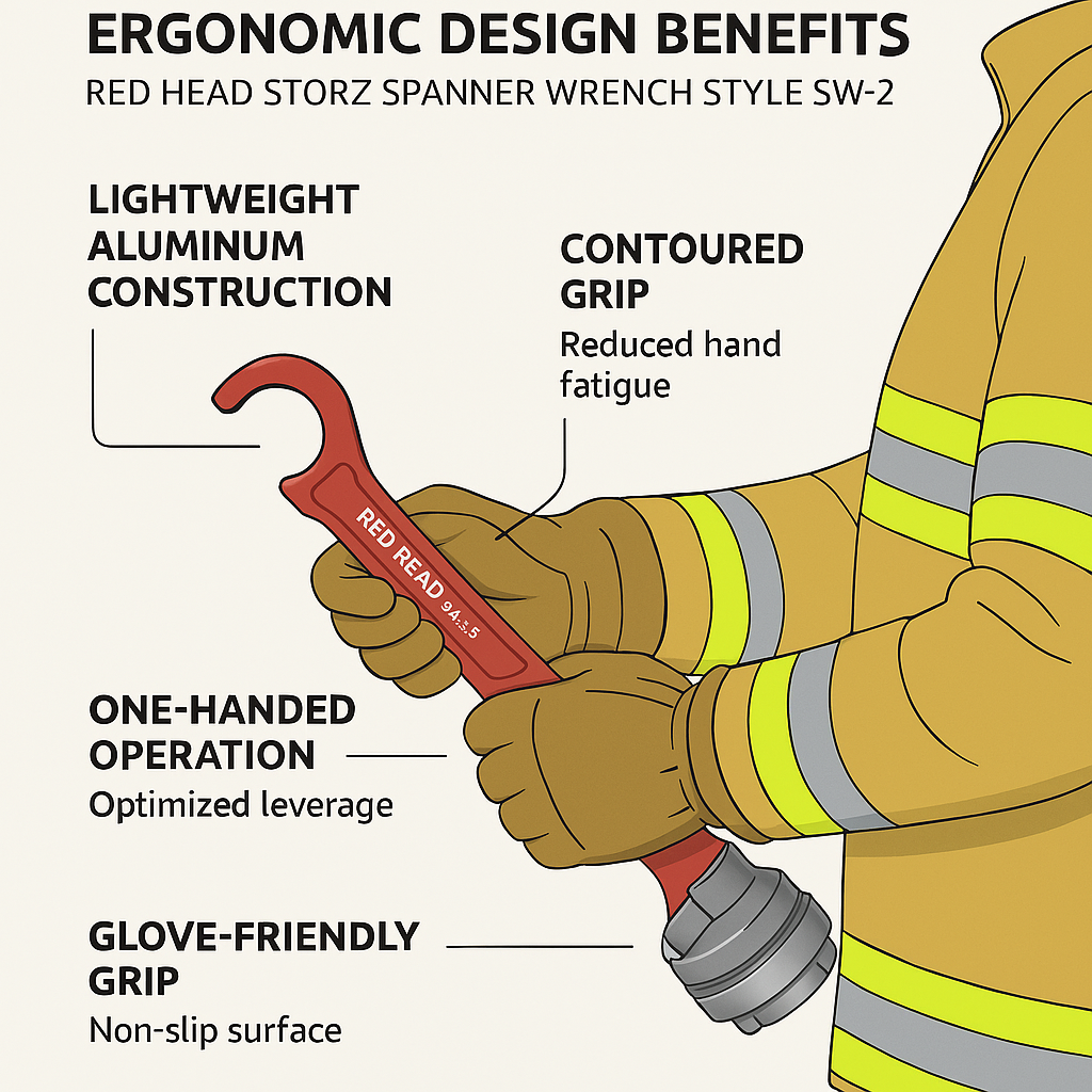 An infographic illustrating the ergonomic design benefits of the Red Head Storz